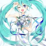  aqua_hair blue_eyes bouquet choker cosmos dress flower hatsune_miku highres long_hair one_eye_closed simple_background smile solo twintails very_long_hair vocaloid 
