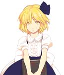  alice_margatroid alice_margatroid_(pc-98) blonde_hair book hair_ribbon looking_up ribbon sad serene_(gusarme) short_hair solo touhou touhou_(pc-98) v_arms 