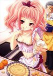  1girl absurdres anya_alstreim apron breasts cleavage code_geass collarbone finger_to_mouth food fruit highres icing jeremiah_gottwald medium_breasts midriff miyama-zero navel orange pastry_bag pink_hair red_eyes thighhighs 