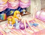  alice_margatroid barefoot bed bedroom blonde_hair blush book curtains feet flower frilled_pillow frills hairband indoors kirisame_marisa lingerie long_hair multiple_girls nightgown pillow reading shiroaisa short_hair touhou traditional_media underwear watercolor_(medium) window yawning yellow_eyes 