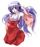  armpits bare_shoulders bikuto_ryuu detached_sleeves hakama hanyuu higurashi_no_naku_koro_ni horns japanese_clothes jumping long_hair miko open_mouth purple_eyes purple_hair red_hakama simple_background smile solo very_long_hair 