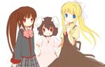  air animal_ears bad_id bad_pixiv_id blonde_hair blue_eyes bow brown_hair bunny_ears crossover inaba_tewi kamio_misuzu little_busters! long_hair multiple_girls natsume_rin pink_bow ponytail red_eyes school_uniform short_hair touhou yuzuki_(yuduame) 