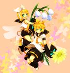  1girl blonde_hair blue_eyes blush brother_and_sister detached_sleeves flower hair_ribbon happy kagamine_len kagamine_rin lily_of_the_valley necktie ribbon short_hair shorts siblings snowdrop_(flower) twins vocaloid wings yellow_neckwear yukkii 
