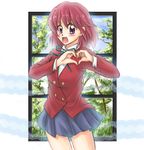  blush heart heart_hands k-on! kushieda_minori moe_moe_kyun! oohashi_high_school_uniform parody purple_eyes red_hair san-pon school_uniform short_hair solo toradora! 