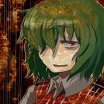  bad_id bad_pixiv_id bags_under_eyes green_hair hair_over_one_eye kazami_yuuka kirusu lowres plaid plaid_vest portrait red_eyes shaded_face short_hair smile solo touhou vest 