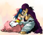  1girl blue_hair bow closed_eyes comforting couple dragon_quest dragon_quest_v dress flora hair_bow half_updo hand_on_another's_head hand_on_hand hero_(dq5) hetero hidaka_ryou holding_hands hug husband_and_wife jewelry kneeling pink_bow ring tears wedding_ring 