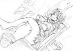 amagi_michihito barefoot breasts crossed_legs curvy dutch_angle feet gloves greyscale grin hips huge_breasts la_pucelle monochrome pantyhose prier sitting sketch smile solo thighs wide_hips 