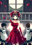  amami_haruka brown_hair choker dress elbow_gloves flower gloves hagiwara_yukiho hands idolmaster idolmaster_(classic) kikuchi_makoto maid mame-p multiple_girls outstretched_arm outstretched_hand petals reaching red_dress rose short_hair 