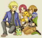  2boys bad_id bad_pixiv_id blonde_hair blue_eyes boots brown_eyes brown_hair capelet cranidos denji_(pokemon) gen_4_pokemon glasses green_capelet green_footwear gym_leader hyouta_(pokemon) midriff multiple_boys natane_(pokemon) pokemon pokemon_(creature) pokemon_(game) pokemon_dppt raichu red_eyes red_hair star_light turtwig 