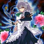  braid flower izayoi_sakuya johnnie knife maid pocket_watch red_eyes short_hair silver_hair solo touhou twin_braids watch 