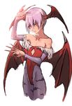  animal_print bad_id bad_pixiv_id bare_shoulders bat_print bat_wings demon_girl detached_sleeves elbow_gloves fingernails flat_chest gloves head_wings highleg highleg_leotard leotard lilith_aensland mizore_syrup pantyhose print_legwear purple_hair red_eyes red_leotard short_hair solo succubus vampire_(game) wings 