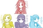  3girls bad_id bad_pixiv_id bianca blue blush crazyyou-raziharu deborah dragon_quest dragon_quest_v flora hair_over_shoulder half_updo hero_(dq5) multiple_girls multiple_monochrome oekaki red sketch smile yellow 