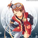  brown_eyes brown_hair company_connection cosplay futami_ami gloves goggles hair_bobbles hair_ornament idolmaster idolmaster_(classic) mame-p namco rita_mordio rita_mordio_(cosplay) short_hair side_ponytail solo tales_of_(series) tales_of_vesperia thighhighs 