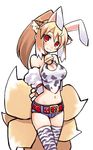  :3 animal_ears animal_print arms_behind_back bell bell_collar belt blonde_hair blush breasts brown_hair bunny_ears collar cow_print cowboy_shot extra_ears fox_ears fox_tail jingle_bell large_breasts long_hair midriff multicolored_hair multiple_tails navel original ponytail red_eyes shigehiro_(hiroi_heya) shorts slit_pupils smile solo tail thighhighs tiger_print white_background white_hair 