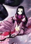  absurdres black_hair bow circlet code_geass green_eyes hair_tubes highres japanese_clothes katase_yuu long_hair petals red_bow seiza sitting solo sumeragi_kaguya 