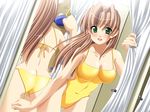  ass blush brown_hair butt_crack clockup curtains fitting_room game_cg green_eyes long_hair mirror non-web_source one-piece_swimsuit presence reflection sasakawa_ai solo swimsuit takapiko 