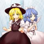  angel_wings blonde_hair blue_eyes blue_hair clenched_hands hat mai_(touhou) multiple_girls no_nose serene_(gusarme) touhou touhou_(pc-98) wings yellow_eyes yuki_(touhou) 