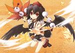  black_hair black_wings fan foreshortening geta hands hat hauchiwa jpeg_artifacts looking_at_viewer outstretched_arm outstretched_hand red_eyes shameimaru_aya short_hair smile solo tengu-geta tokin_hat touhou wind wings yamadori_ofuu 