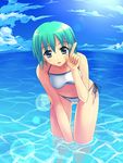  bikini blue_eyes cloud day fisheye green_hair leaning_forward lens_flare mj ocean original outdoors short_hair side-tie_bikini sky solo swimsuit wading water 