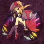  biting blonde_hair blood fetal_position finger_biting flandre_scarlet full_body hat mary_janes one_side_up plantar_flexion ponytail red_eyes shoes short_hair socks solo touhou tsurusaki_yuu wings wrist_cuffs 