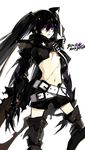  armor belt black_hair black_rock_shooter flat_chest gauntlets greaves insane_black_rock_shooter long_hair midriff navel pale_skin purple_eyes scar shorts solo starshadowmagician stitches twintails 