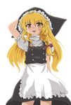  apron backlighting bad_id bad_pixiv_id blonde_hair blush braid brown_eyes dress hand_on_headwear hayashiya_zankurou kirisame_marisa long_hair oekaki open_mouth side_braid smile solo touhou waist_apron yellow_eyes 