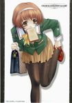  bag brown_eyes brown_hair copyright_request food food_in_mouth hairband highres kimizuka_aoi late_for_school leaning_forward mouth_hold pantyhose plaid putting_on_shoes scan scan_artifacts school_bag school_uniform short_hair skirt solo sparkle standing standing_on_one_leg toast toast_in_mouth 