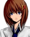  blue_eyes brown_hair collared_shirt hair_ornament looking_at_viewer lyrical_nanoha mahou_shoujo_lyrical_nanoha mahou_shoujo_lyrical_nanoha_a's mahou_shoujo_lyrical_nanoha_strikers necktie open_mouth pink_lips shirt short_hair solo teeth white_background x_hair_ornament xunipo yagami_hayate 