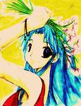  armpits artist_request blue_eyes blue_hair botan_(yuu_yuu_hakusho) bracelet flower jewelry long_hair smile solo traditional_media watercolor_(medium) yuu_yuu_hakusho 