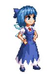  blue_eyes blue_hair cirno divine full_body lowres pixel_art ribbon short_hair solo standing touhou transparent_background wings 