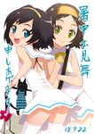  black_hair blue_eyes child copyright_request green_eyes hairband lowres multiple_girls muraji short_hair thighhighs twintails 