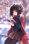  book brown_hair glasses goto_p original pantyhose pixiv_thumbnail plaid plaid_skirt resized scarf skirt sweater tartan thighhighs tree 