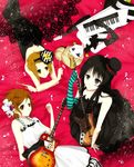  akiyama_mio bare_shoulders don't_say_&quot;lazy&quot; drumsticks elbow_gloves gloves green_legwear guitar hair_bun hat hirasawa_yui instrument k-on! keytar kotobuki_tsumugi mini_hat mini_top_hat multiple_girls musical_note okra_boom pantyhose single_glove striped striped_gloves tainaka_ritsu top_hat 