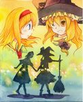  alice_margatroid blonde_hair blue_eyes broom hairband hat holding_hands kirisame_marisa multiple_girls one_eye_closed pointing shiroaisa silhouette touhou traditional_media watercolor_(medium) witch_hat yellow_eyes 