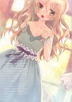  :d absurdres asaki_yuzuno blonde_hair blush brown_eyes child clothes_in_front copyright_request dress dutch_angle fang green_eyes hair_ornament hairclip highres long_hair nude open_mouth scan scan_artifacts sleeveless sleeveless_dress smile solo text_focus wavy_hair 