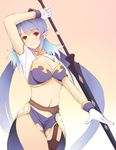  blue_hair gloves judith long_hair midriff pointy_ears polearm red_eyes smile solo spear syacyo tales_of_(series) tales_of_vesperia thighhighs weapon 