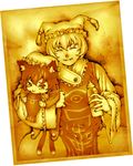  baby bad_id bad_pixiv_id chen food hands hat long_sleeves monochrome multiple_girls multiple_tails pillow_hat sepia short_hair tail taiyaki tamo_imai tassel touhou wagashi wide_sleeves yakumo_ran yellow younger 