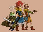  1girl armor bag blue_eyes boots cape chrono_trigger crono frog glasses gun headband helmet henge_(hemonyan) kaeru_(chrono_trigger) lucca_ashtear neckerchief purple_hair red_hair satchel shield spiked_hair sword weapon 