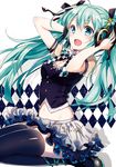  :d absurdres argyle bad_id bad_pixiv_id belly_peek black_footwear black_legwear blouse blush bow breasts checkered checkered_bow cleavage frilled_skirt frills green_eyes green_hair green_ribbon hair_bow hair_ornament hatsune_miku headphones highres layered_skirt long_hair looking_at_viewer medium_breasts midriff open_mouth puffy_short_sleeves puffy_sleeves ribbon see-through seiza shoes short_sleeves sitting skirt smile solo thighhighs twintails vocaloid yuzuki_kihiro 