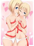  blonde_hair blue_eyes erica_hartmann glasses gradient gradient_background heart height_difference malmi multiple_girls no_bra panties pink_background ribbon siblings smile strike_witches topless twins underwear underwear_only ursula_hartmann white_panties world_witches_series 
