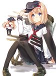  adjusting_clothes adjusting_hat alice_margatroid black_legwear blonde_hair blue_eyes cosplay hairband hat hibiki_(kantai_collection) hibiki_(kantai_collection)_(cosplay) kantai_collection long_sleeves looking_at_viewer matching_shanghai neckerchief nunucco pantyhose school_uniform serafuku shanghai_doll short_hair signature solo touhou 