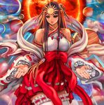  1girl bare_shoulders breasts hair_ornament hime_cut japanese_clothes jewelry large_breasts planet solo sun sunburst thighs yasuda_akira 