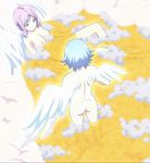  2girls angel ass back blue_hair breasts hachiel highres lying multiple_girls nanael nipples nude pink_hair queen&#039;s_blade queen's_blade screencap short_hair standing stitched water wings yellow_eyes 