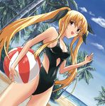  ball beach beachball blonde_hair casual_one-piece_swimsuit day fate_testarossa kaeru_(kaerism) lyrical_nanoha mahou_shoujo_lyrical_nanoha one-piece_swimsuit palm_tree red_eyes ribbon solo swimsuit tree twintails 