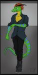  blue_eyes clothed clothing digitigrade dragon drake front green_scales lethal_doors male scalie shoes standing zelryem 