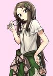  brown_eyes brown_hair eyewear_removed flat_chest futatsuiwa_mamizou futatsuiwa_mamizou_(human) glasses gourd hair_ornament hairclip hand_on_hip holding holding_eyewear leaf leaf_hair_ornament nazunakku smile touhou 