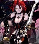  1girl arc_system_works bare_shoulders blade bloodrayne bloodrayne_(videogame) breasts cleavage corset elbow_gloves fingerless_gloves gloves highres jewelry large_breasts looking_at_viewer necklace official_art parted_lips red_hair short_hair smile solo vampire wayforward wide_hips 