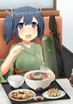  :d blue_eyes blue_hair blush bow_(weapon) bowl breasts chopsticks dumpling eating food japanese_clothes jiaozi kantai_collection large_breasts long_sleeves open_mouth quiver ribbon rice_bowl short_hair sitting smile solo soup souryuu_(kantai_collection) spoon sudo_shinren table twintails weapon weapon_bag wide_sleeves 