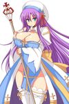  1girl afuro blue_eyes breasts cleavage curvy faris_scherwiz female final_fantasy final_fantasy_v hat huge_breasts legwear long_hair panties purple_hair simple_background solo staff standing thighhighs thighs underwear white_background white_legwear white_panties 