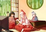  absurdres aer_(tengqiu) animal_ears arm_support bamboo bamboo_forest black_eyes black_hair bow breasts broom bunny_ears controller cup food forest fruit fujiwara_no_mokou game_console game_controller hair_bow hair_ribbon hat highres hime_cut houraisan_kaguya inaba_tewi indian_style kotatsu large_breasts long_hair mandarin_orange multiple_girls nature nurse_cap open_door open_mouth pants pout ribbon round_window shirt silver_hair sitting skirt smile suspenders table tatami television touhou tress_ribbon very_long_hair window yagokoro_eirin yunomi 